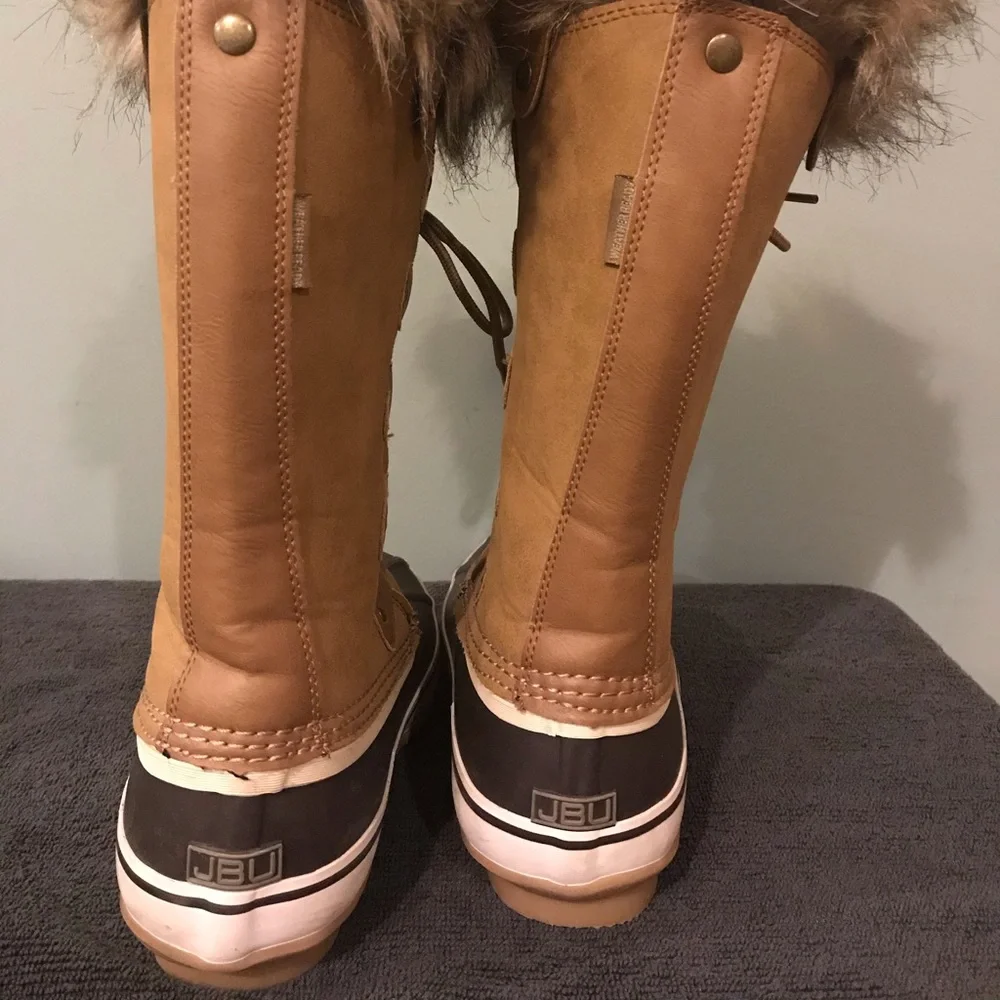 JBU Women's Brown Tan Fur-Trim Winter Rain Boots